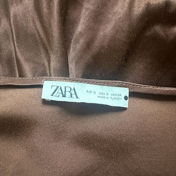 Zara Brown Surplice V-neck Satin Slip Midi Dress Side Slit Size Small - Picture 9 of 12